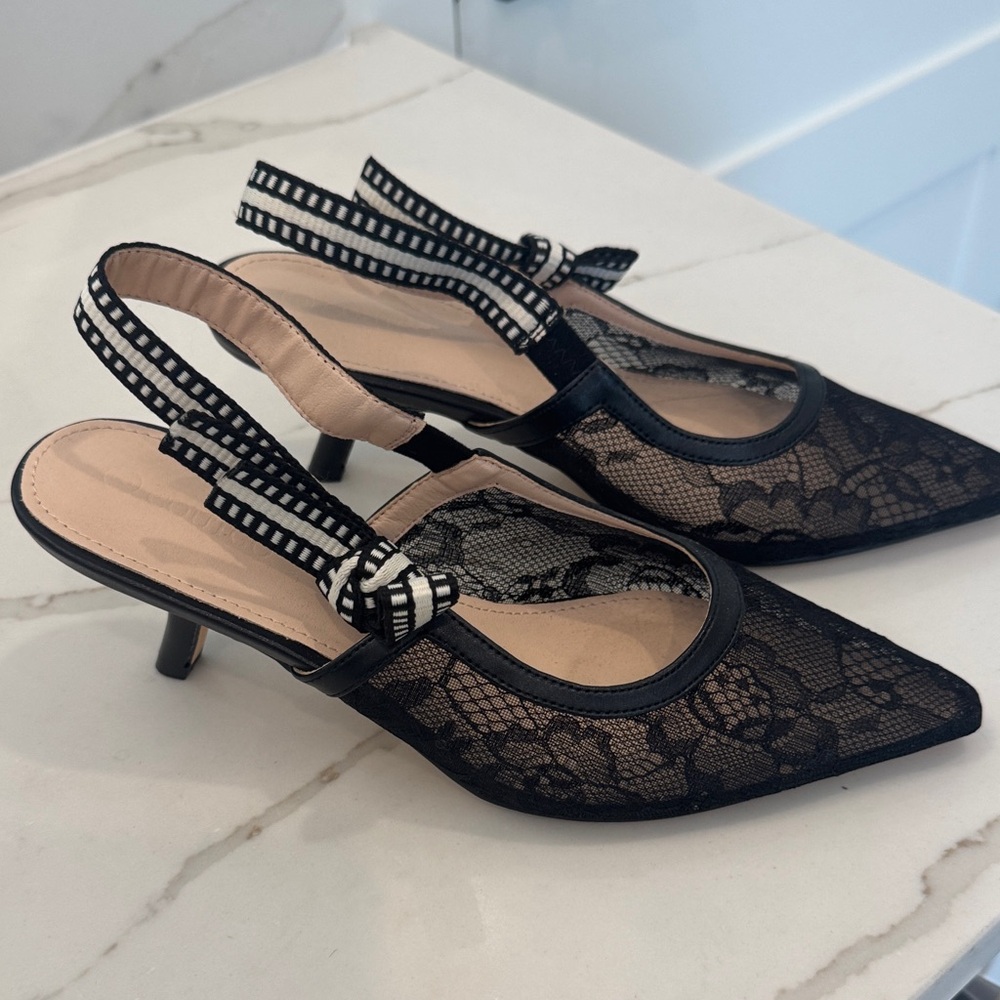 Kitten heel black lace front and ribbon detail